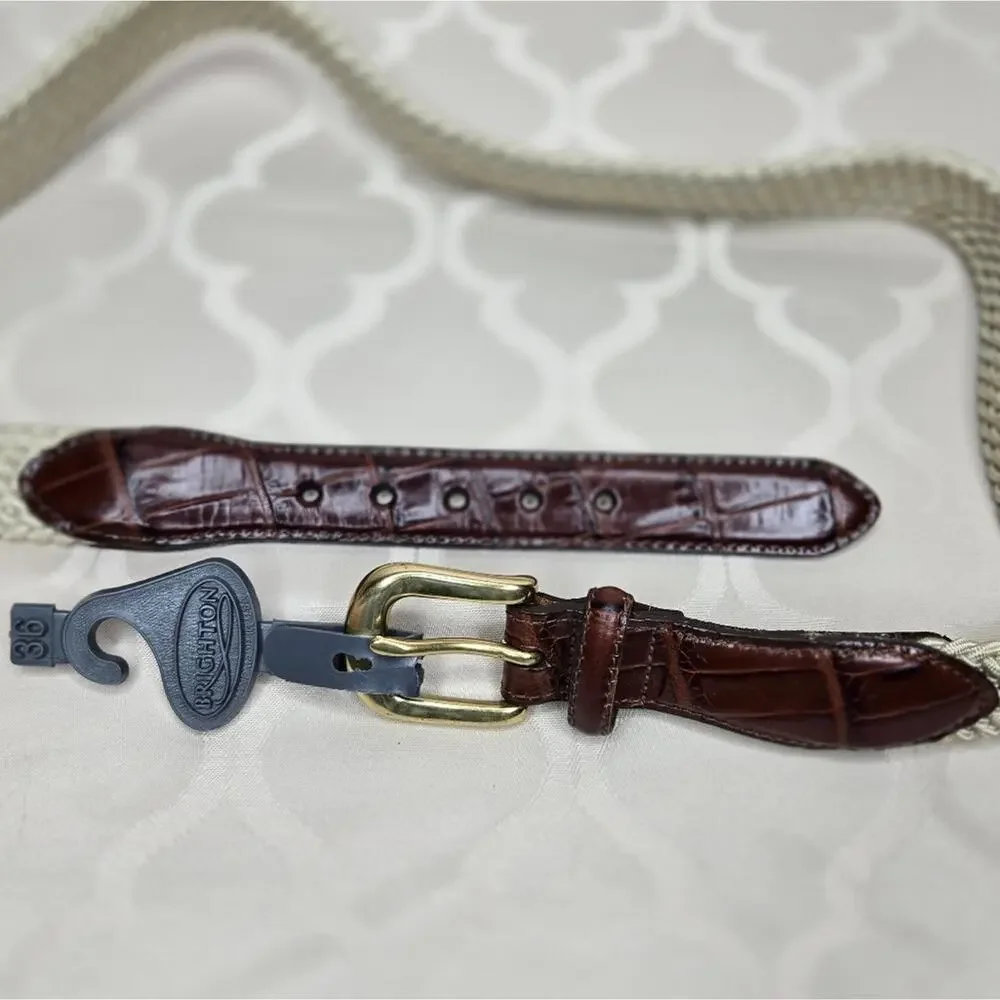 NWT Brighton Brown Leather and Beige Woven Belt with Gold Buckle Size 36